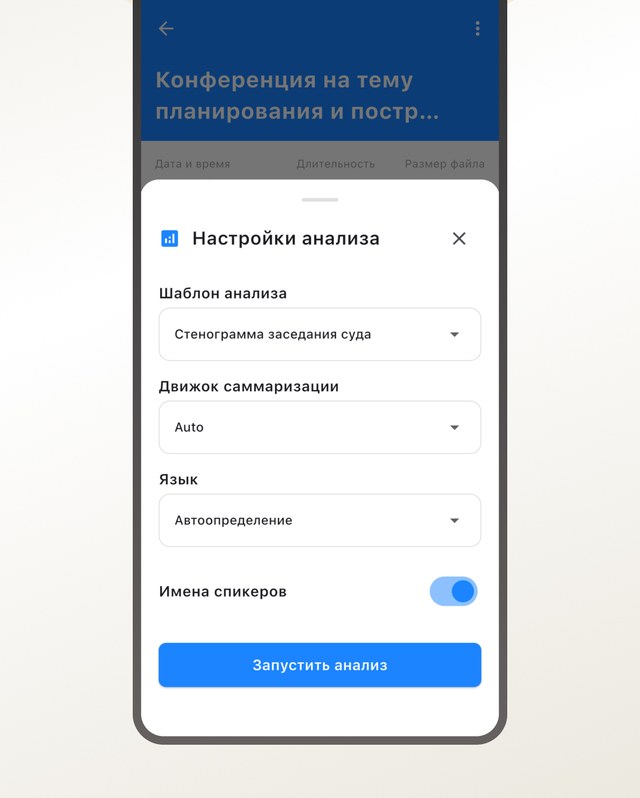 Экран приложения: параметры обработки записи